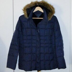 Tommy Hilfiger Winter Puffer Coat Womens Navy LARGE Full Zip Removeable Fur Hood